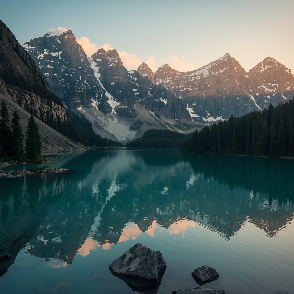 A breathtaking landscape of an emerald mountain lake reflecting snow-capped peaks at dawn, surrounded by dense pine forests, ultra photorealistic, cinematic lighting, dramatic atmosphere --ar 16:9 --v 6.0