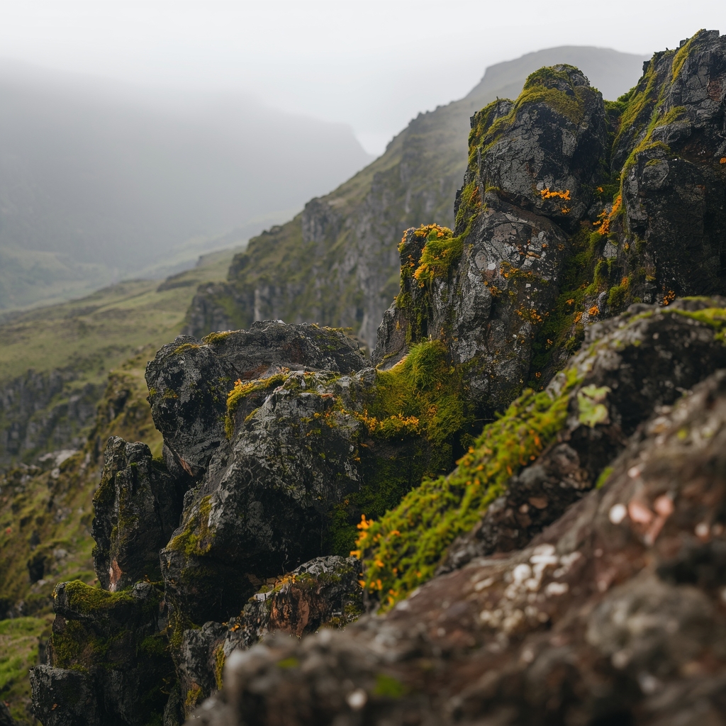 A close-up shot of weathered highland rock formations covered in vibrant green moss and orange lichen, with steep valleys fading into rolling morning fog in the background, 8k resolution, highly detailed